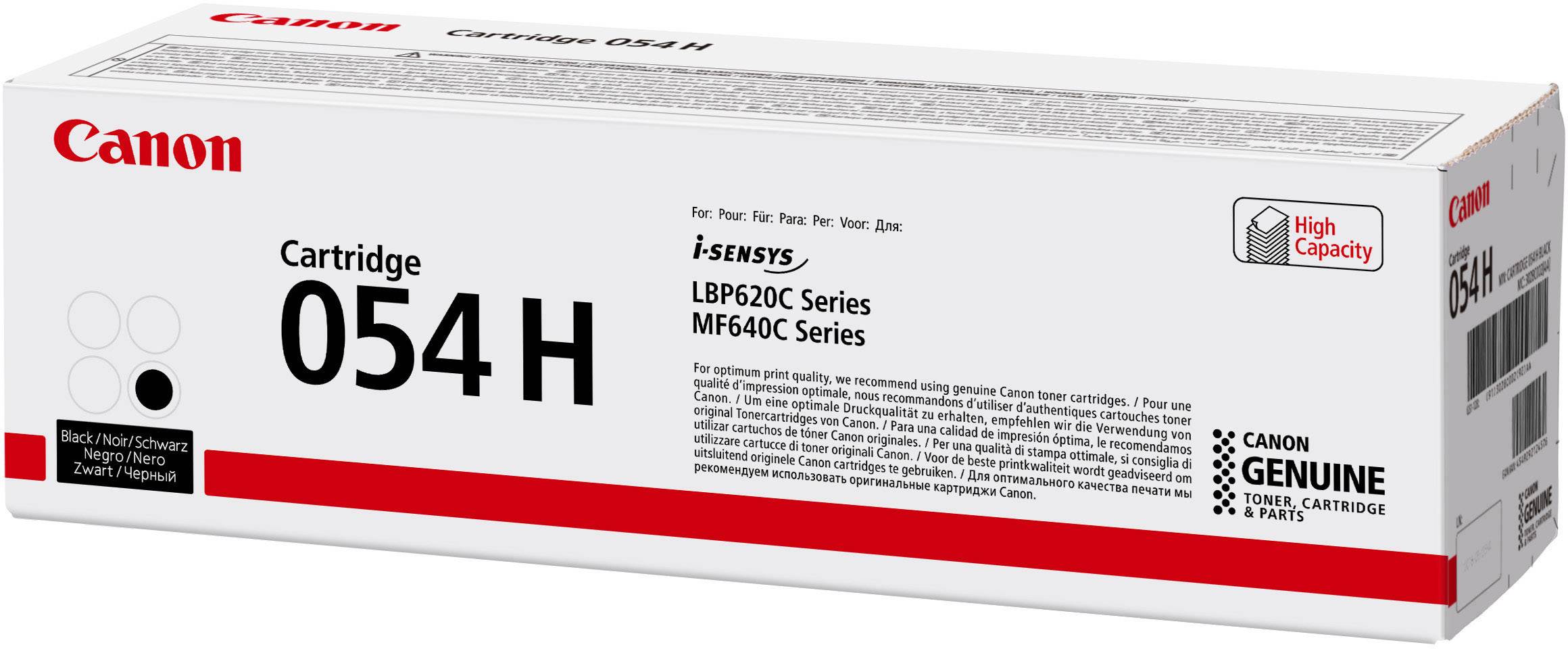 'This packaging shows a Canon Toner Cartridge 054H, suitable for the LBP620C and MF640C series printers. High capacity.'