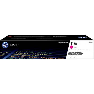 Toner cartridge for HP LaserJet, Model 117A Magenta, packaging displays city names on digital screen.