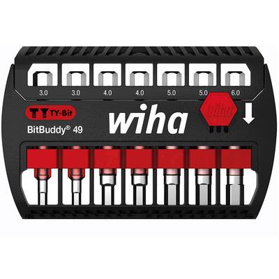 'Set of ten screwdriver bits on a black holder with a red logo. Sizes ranging from 3.0 to 6.0 marked.'
