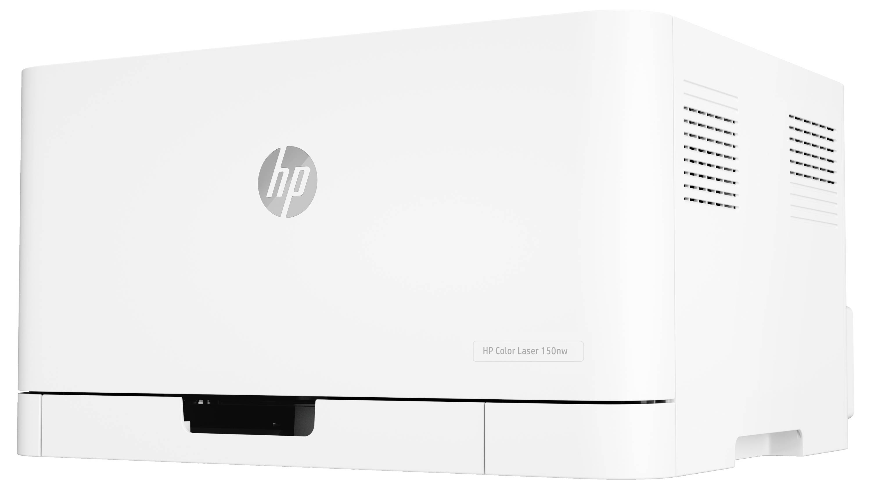 White HP Color Laser 150nw printer shown front and side view on a white background.