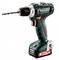 Cordless drill in green and black with drill bit attachment and Metabo logo.