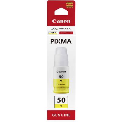 A yellow Canon PIXMA ink bottle from the '50 Y' series, in original packaging, for printers.