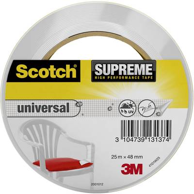 Scotch adhesive tape roll, 'Supreme' model, 25 m x 48 mm, suitable for versatile applications. Packaging features a plastic chair as an example.