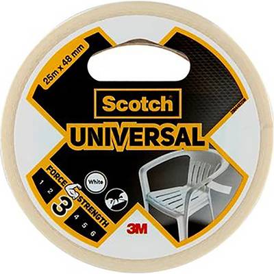 Scotch tape roll, universal type, 25 m x 48 mm. For general use, pictured next to a plastic chair. Strength 3 out of 6.