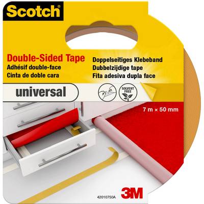 Double-sided adhesive tape in packaging. Dimensions: 7 m x 50 mm. Brand: 3M Scotch. Suitable for multiple applications.
