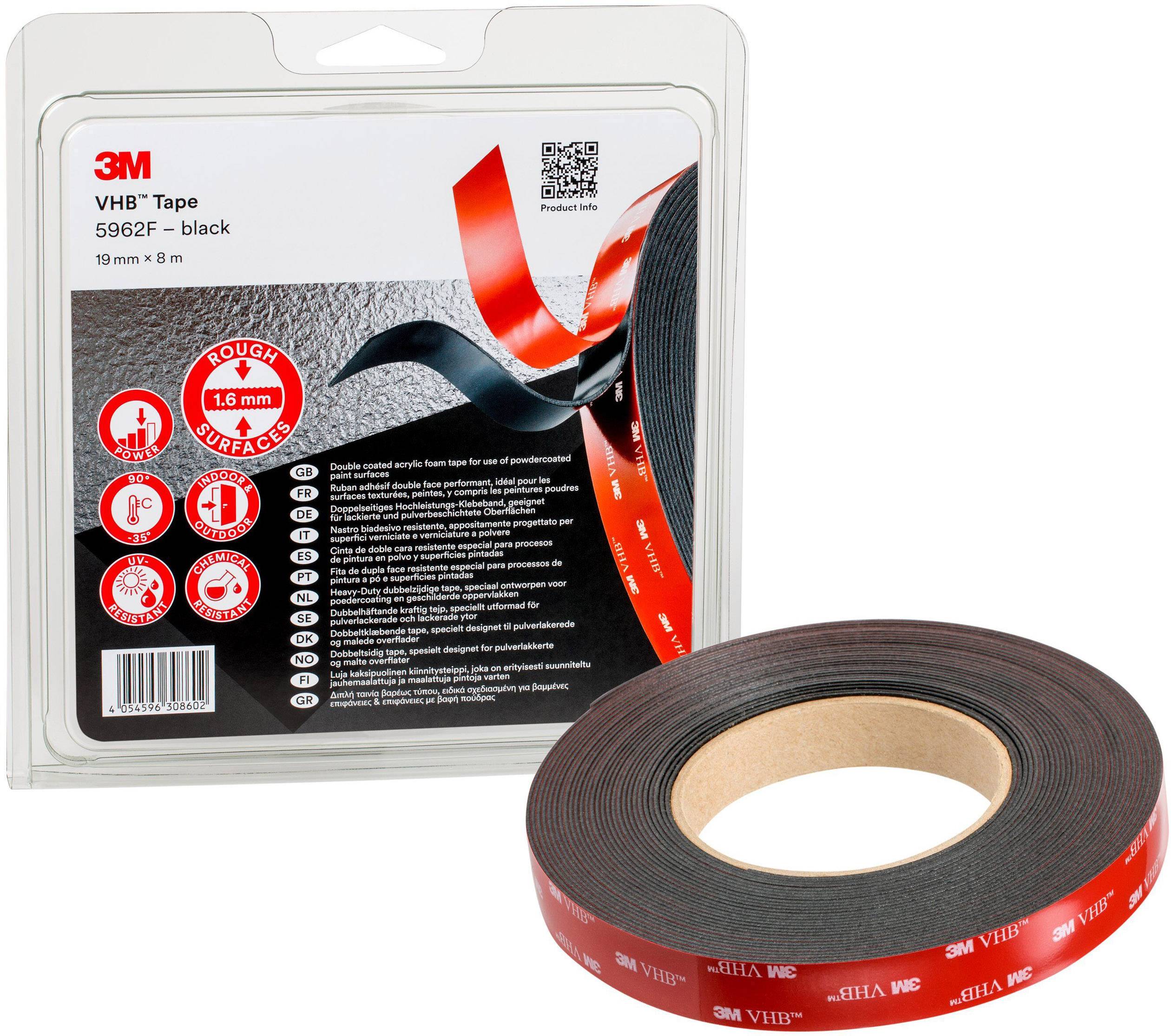 Packaging with black 3M VHB adhesive tape, 19 mm x 8 m. Suitable for rough surfaces. Red roll beside it.