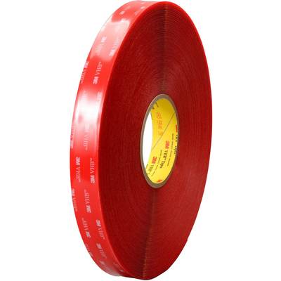 Red roll of double-sided adhesive tape by 3M VHB, standing upright. The tape has a glossy surface.