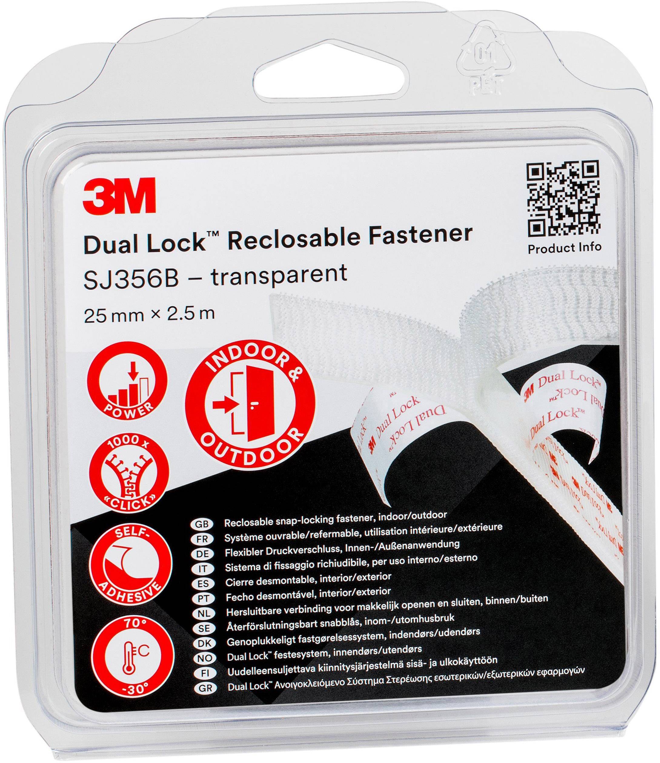 '3M Dual Lock' re-closable fastener, transparent, 25 mm x 2.5 m, depicted in packaging with product details and symbols.