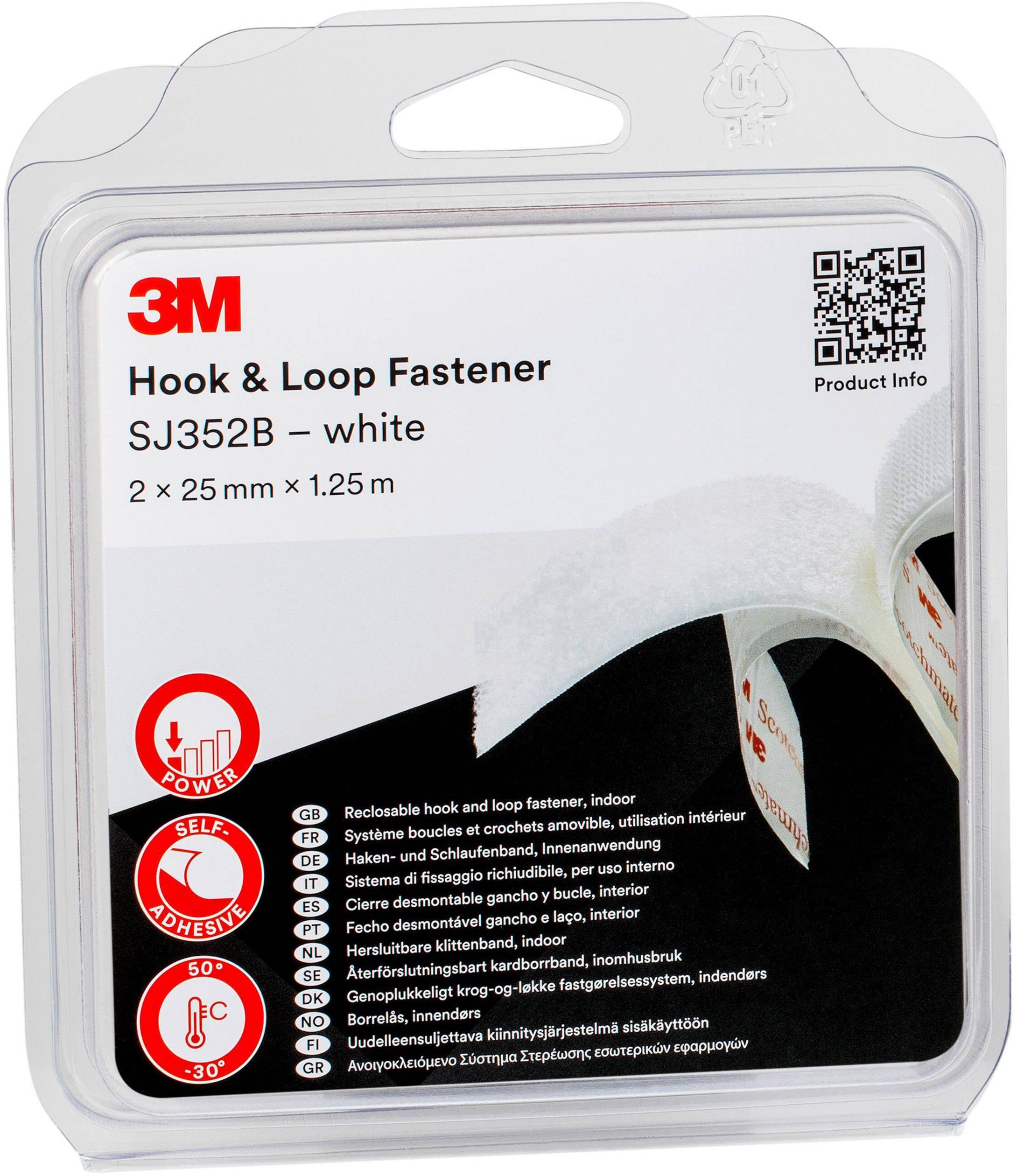 Packaging for a white 3M hook and loop fastener measuring 25 mm x 1.25 m. Includes product information and strength rating symbols.