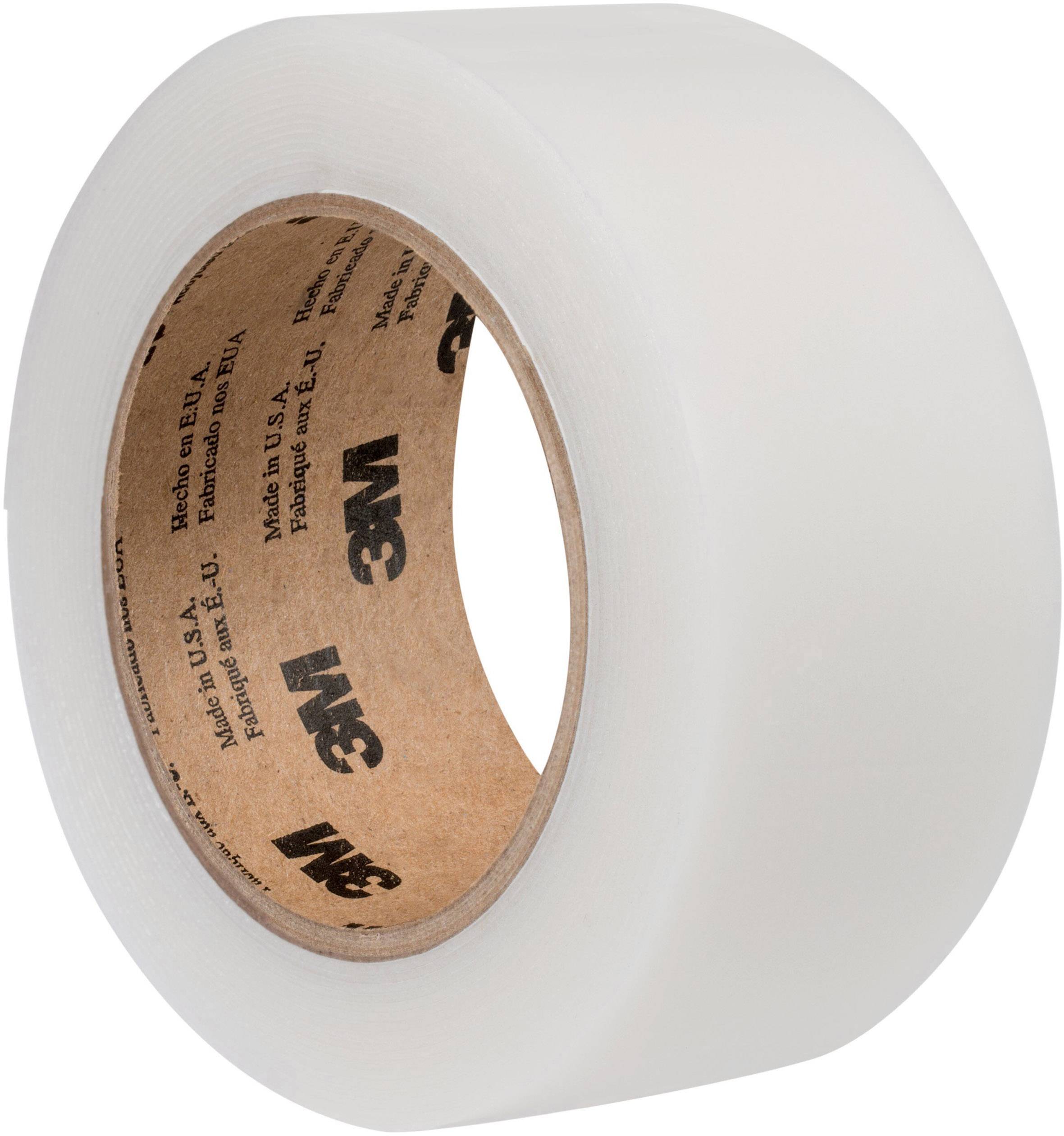 White adhesive tape roll with brown inner side and manufacturer's black print on the inner side.