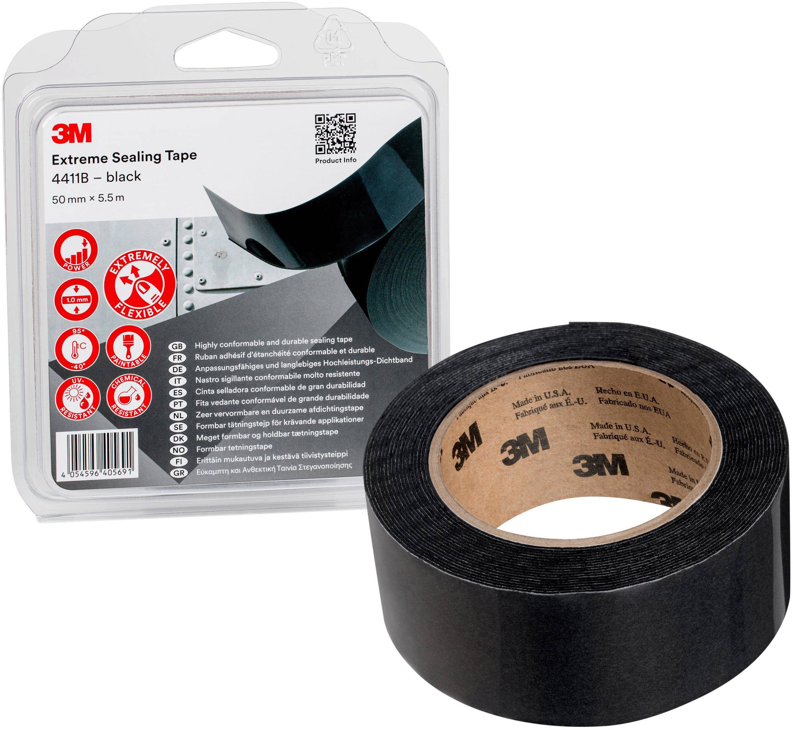 A roll of black sealing tape, packaged in a transparent box. Brand: 3M. Dimensions: 50 mm x 5.5 m. Suitable for extreme sealing applications.