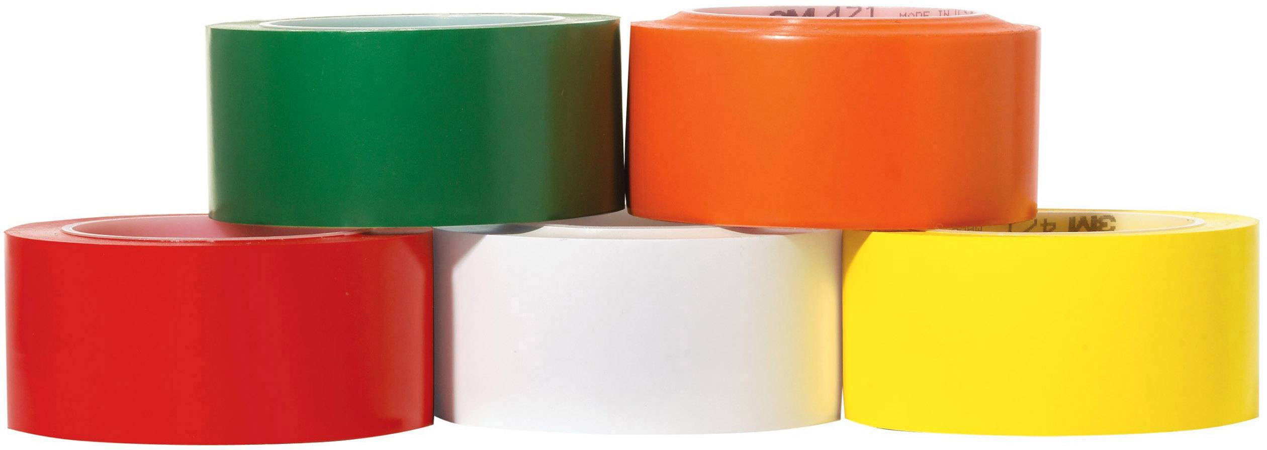 Five colourful rolls of sticky tape: green, orange, red, white and yellow. They are stacked on top of each other and represent different colours.