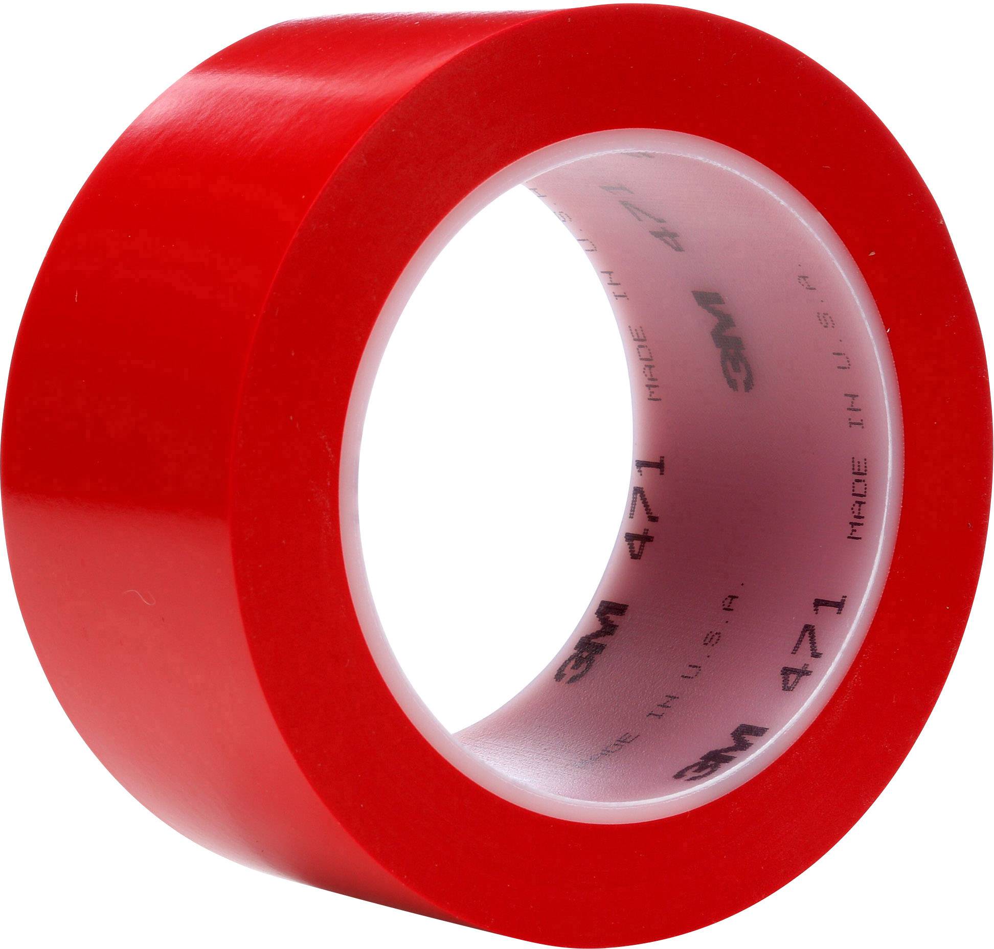 Glossy red roll of sticky tape, unused, with visible inner core and markings.
