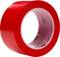 Glossy red roll of sticky tape, unused, with visible inner core and markings.