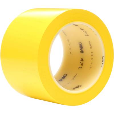 Yellow adhesive tape on a roll, with the inscription '3M 471 Made in USA' on the inside.