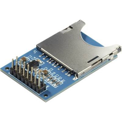 A blue SD card module adapter with metal connection and pin header for wiring. Suitable for microcontroller projects.<br><br>Note: The translation is already in British English and does not require significant modifications.