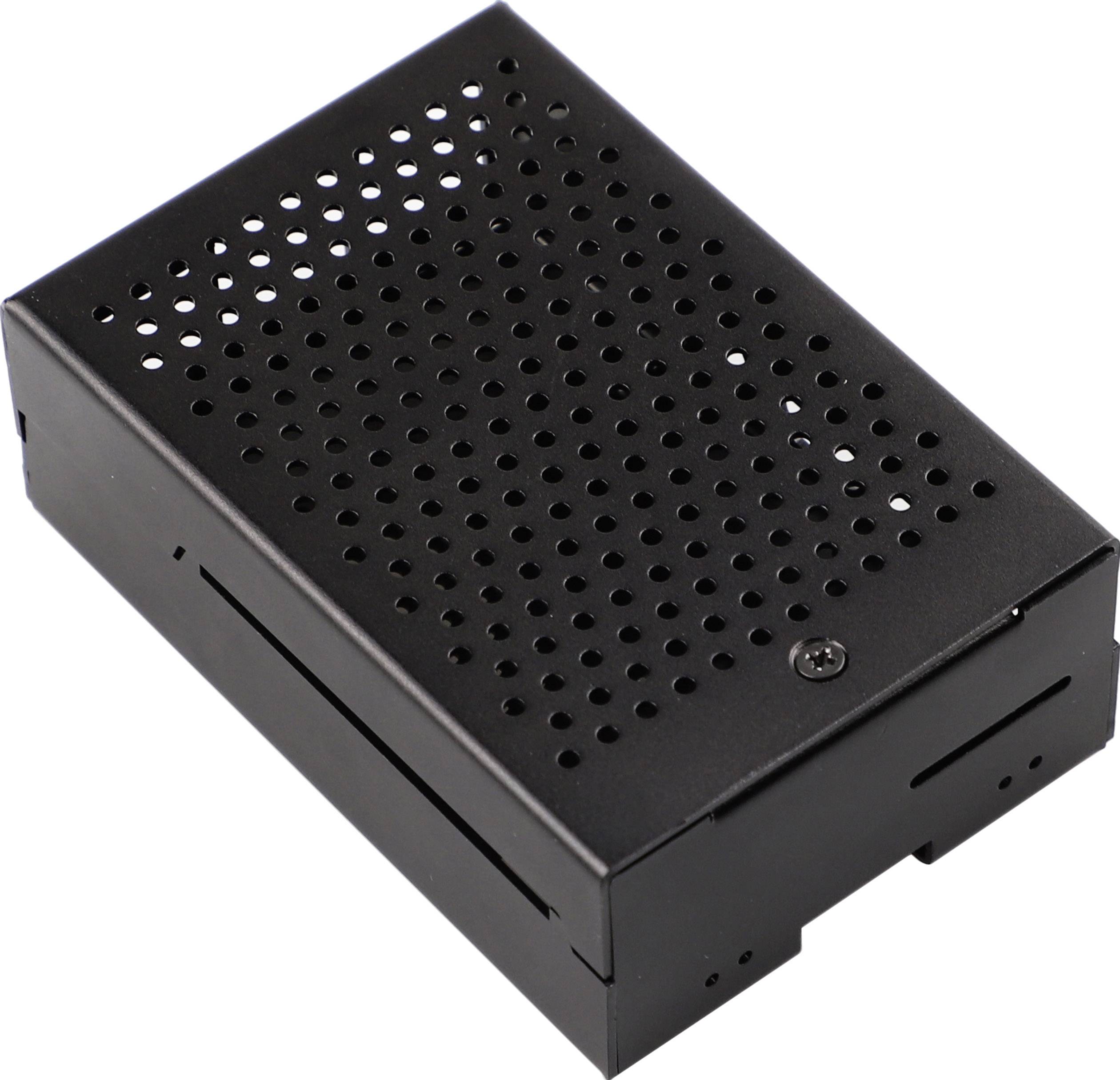 A black, rectangular metal enclosure with holes on the top surface, possibly for ventilating electronic devices.