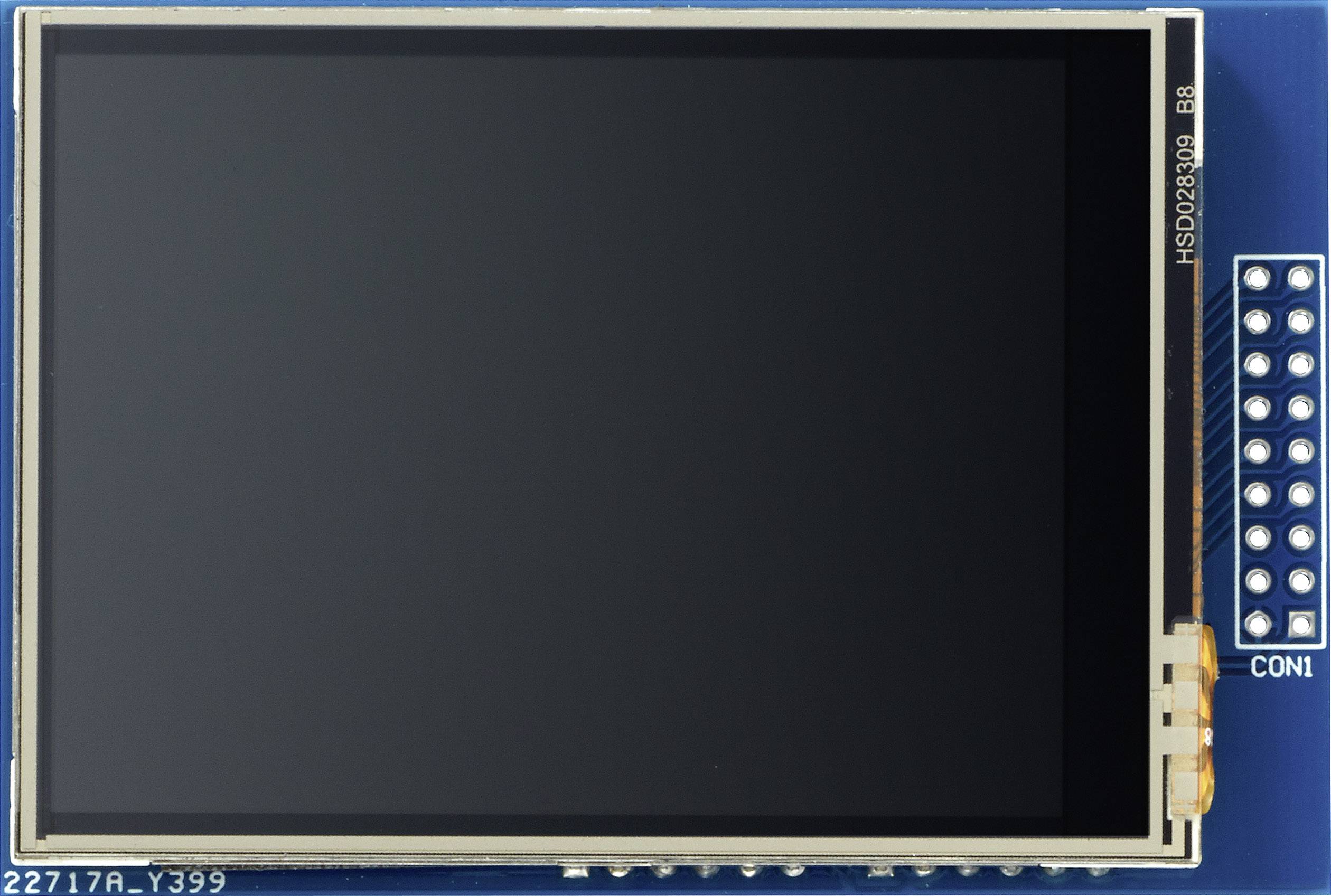 A rectangular, unlit LCD display module with a blue printed circuit board and side connection area on the right.