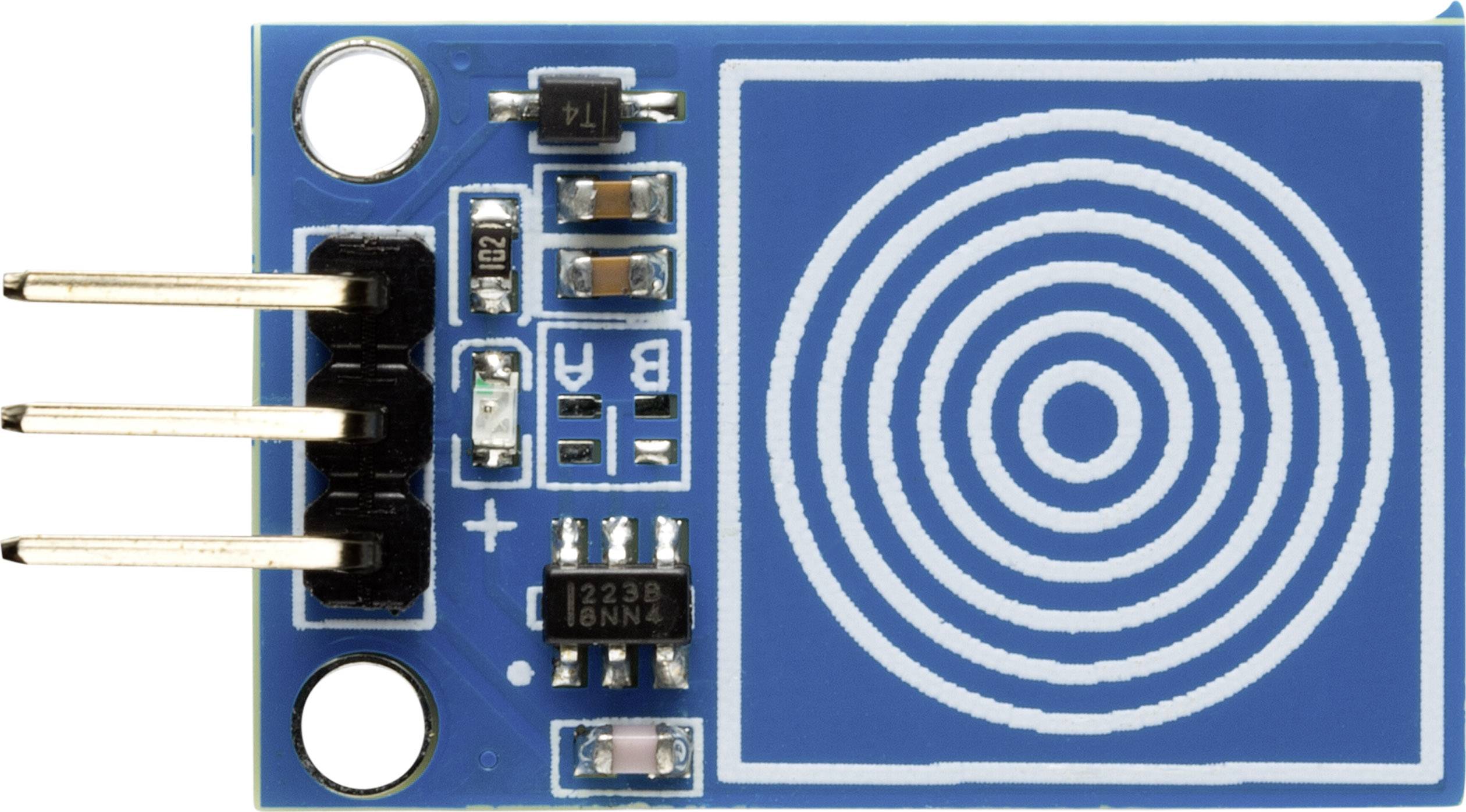 Electronic module with circular sensor and pin connectors, used for distance detection or proximity sensor applications.
