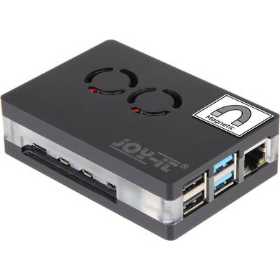 A black enclosure for a single-board computer with multiple USB ports and a magnet symbol printed on it.