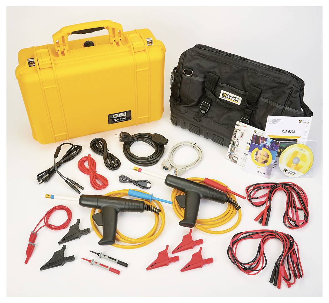A yellow toolbox and black bag containing cables, testing equipment, and manuals for electrical measurement.
