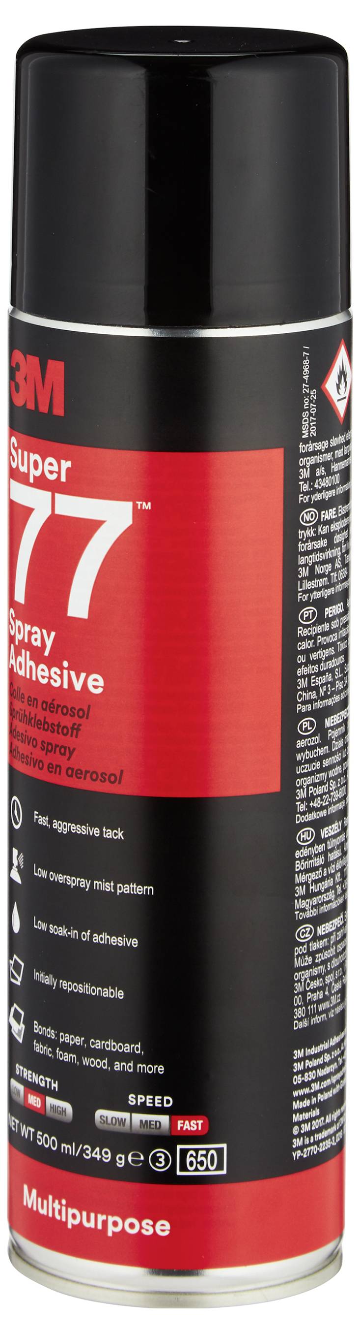 A 3M Super 77 multipurpose spray adhesive can with a black cap and red label, showing the product name and canister details.