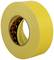 Yellow adhesive tape rolled up, side view, with black and red inner label displaying a pattern with a logo.