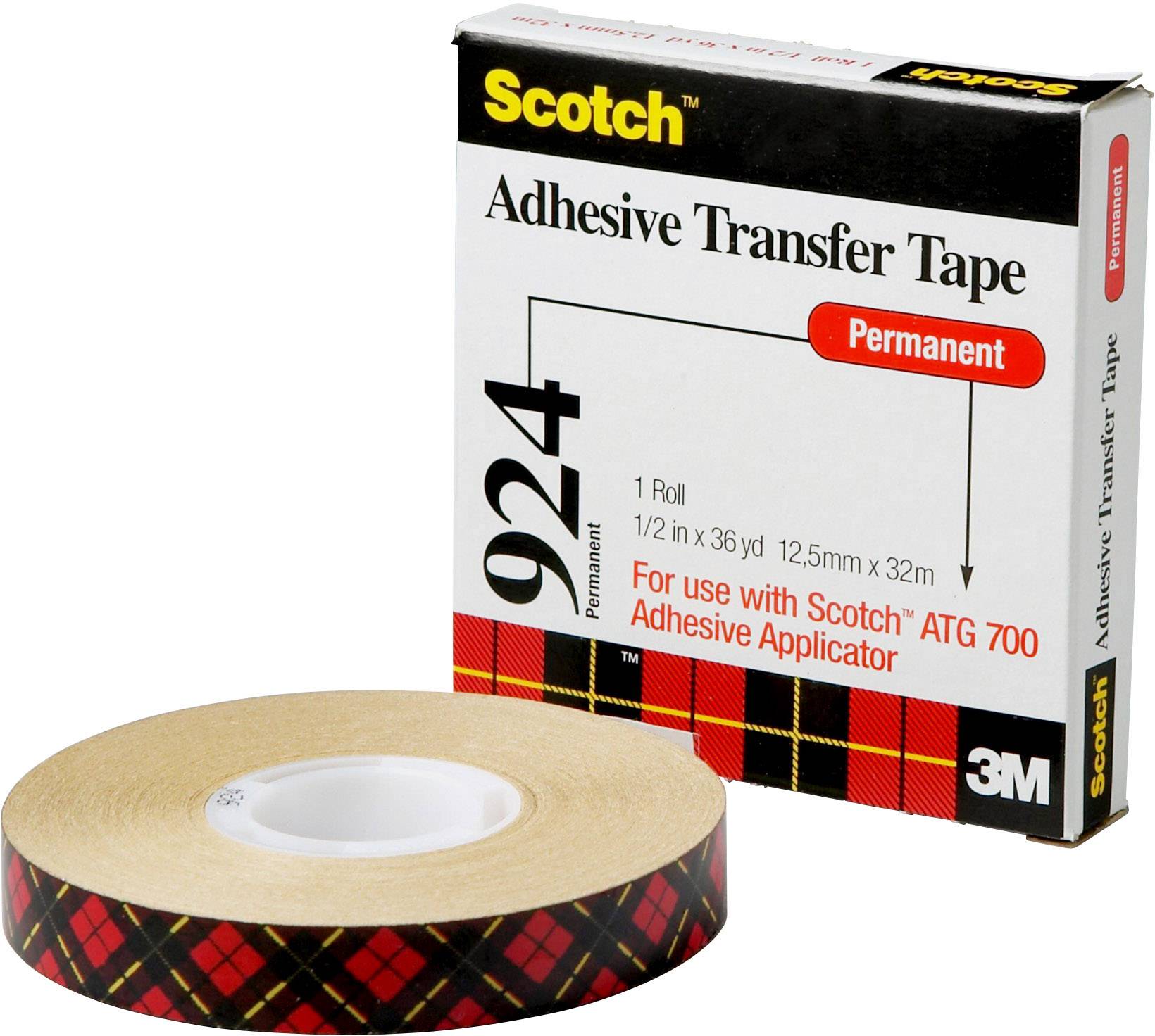A roll and packaging of 'Scotch Permanent Adhesive Transfer Tape'. 12.5 mm x 32 m, suitable for the Scotch ATG 700 applicator.