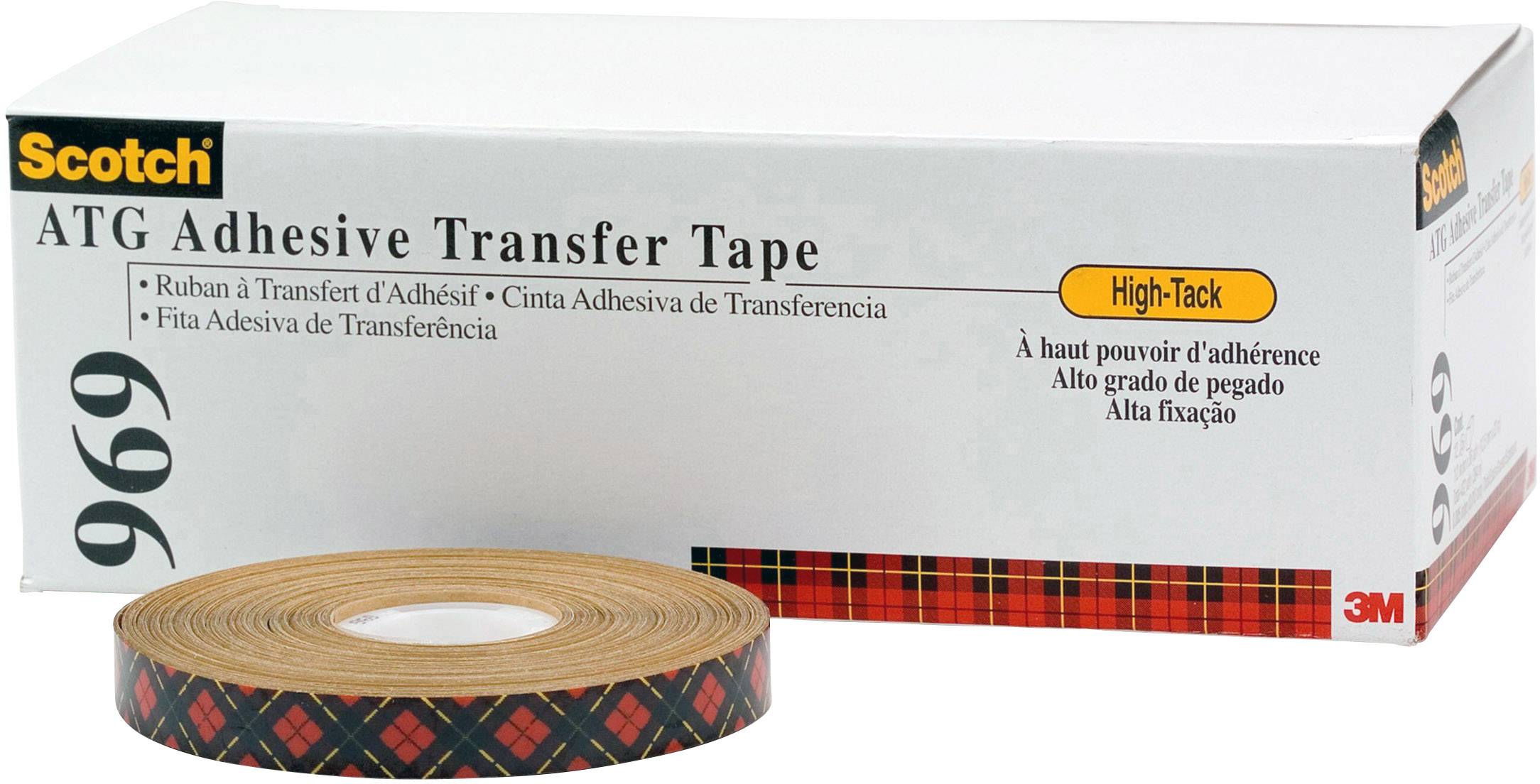'Scotch ATG adhesive tape roll with high adhesive strength next to packaging box with labelling in multiple languages.'