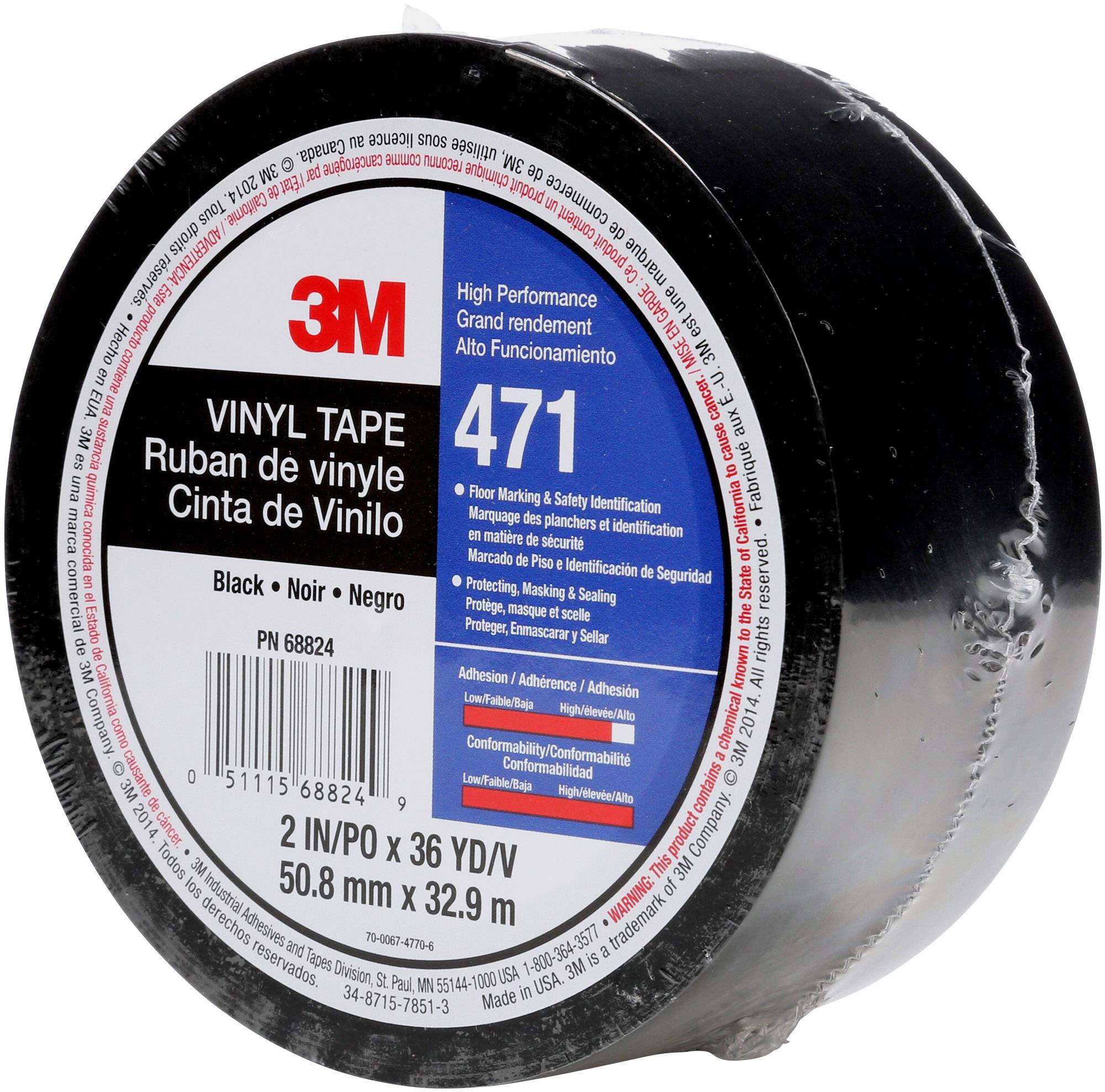 Black 3M vinyl tape, 471, 2 inches x 36 yards in size, primarily used for floor markings and safety signage.