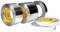 Five rolls of silver adhesive tape with yellow inner core, in various sizes.