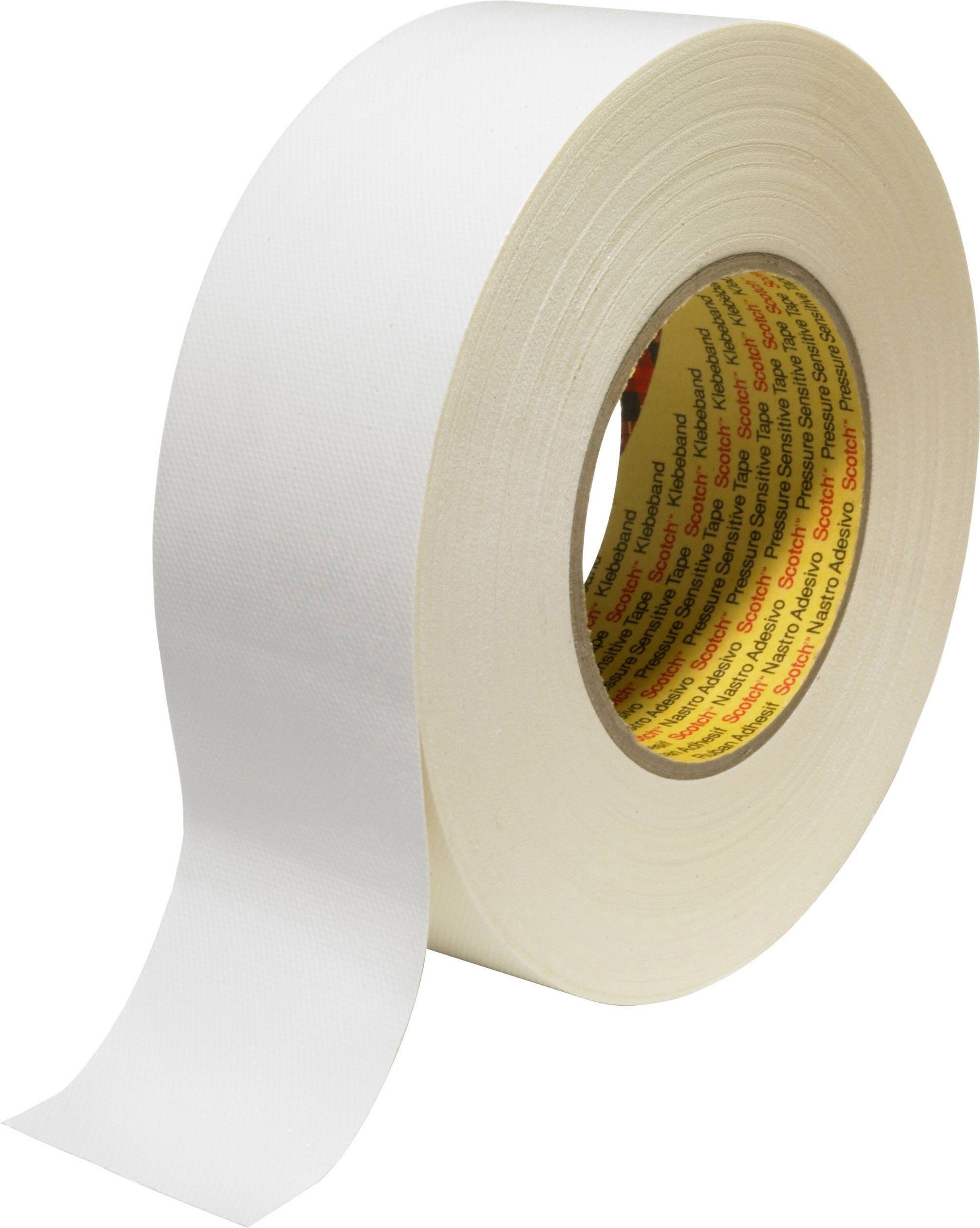 White roll of adhesive tape with partially unrolled tape, yellow inner core printed with red and black lettering.