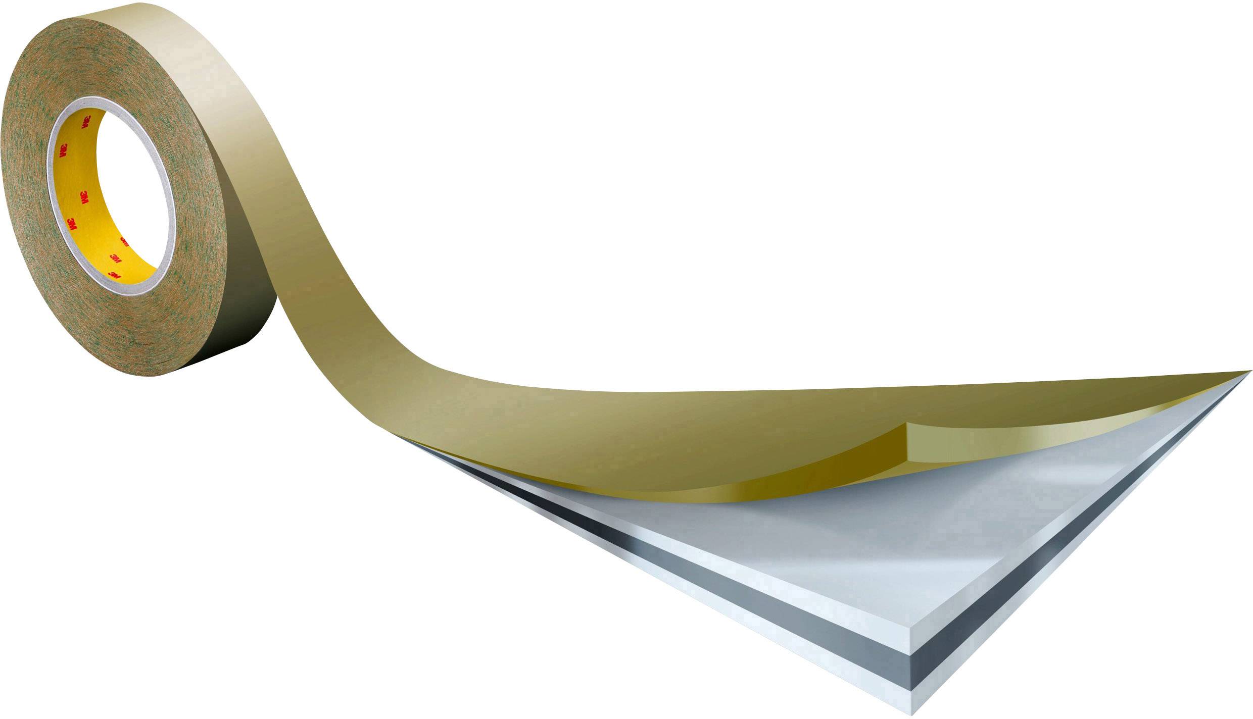 'Dispensable adhesive tape with three-layer bonding, depicted with a yellow roll and transparent adhesive layers on a tip.'