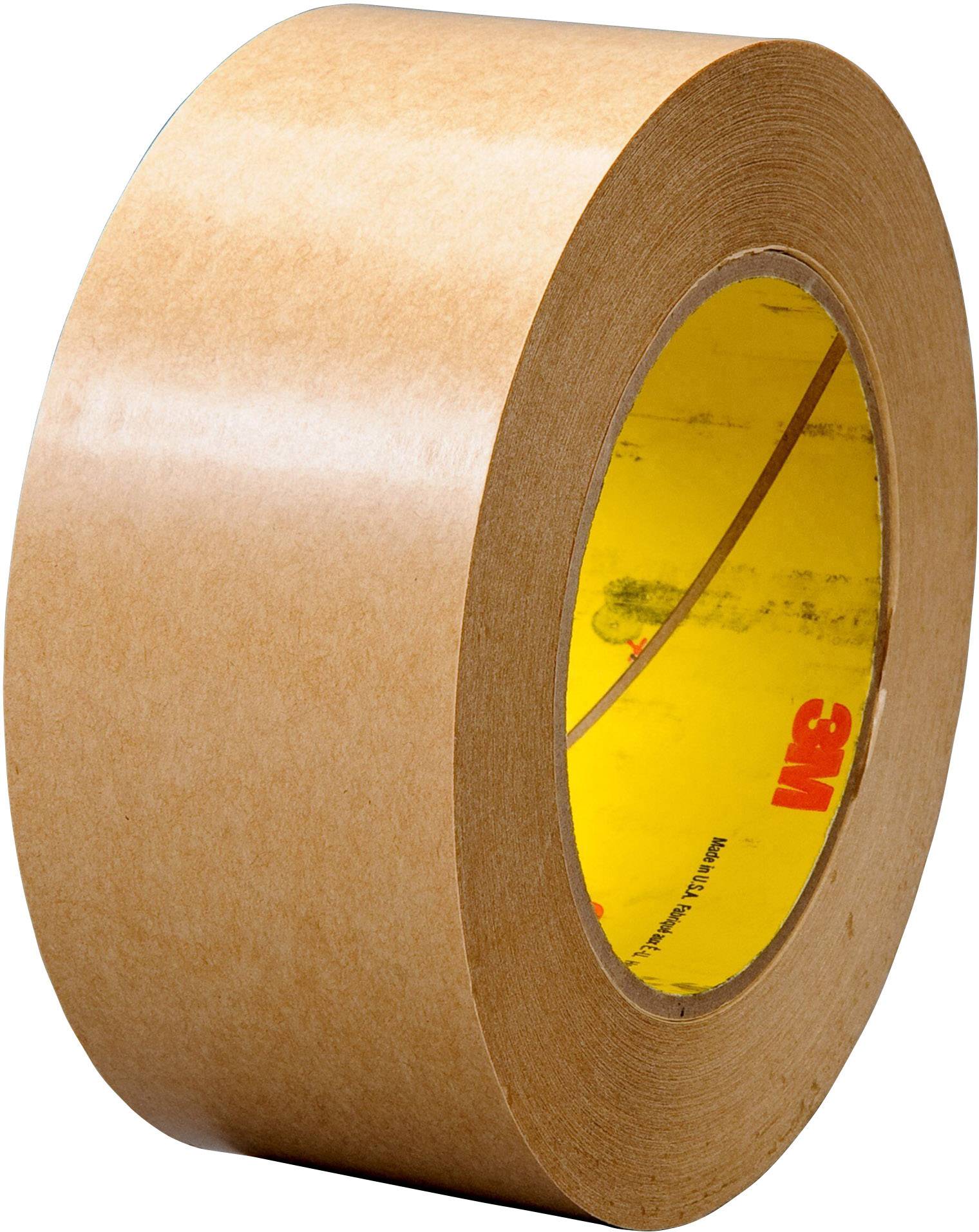 A roll of brown adhesive tape with a visible yellow inner core and red brand name.