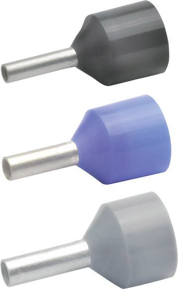 Three insulated wire end ferrules: One black, one blue and one grey, arranged on top of each other with metallic connections.