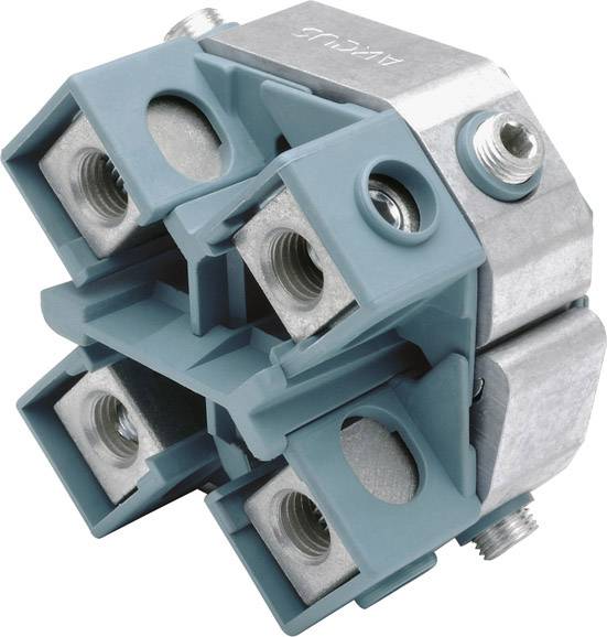 A blue and silver electrical terminal block with multiple screw terminals, suitable for connecting cables in a circuit.