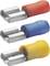 Three flat socket sleeves, each in red, blue and yellow, stacked on top of each other. They are insulated and suitable for electrical wiring.