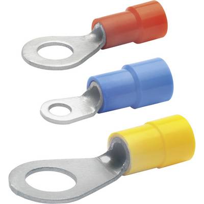 Three isolated cable lugs in red, blue and yellow, arranged in a stacked manner. They are used for connecting cables with screw terminals.