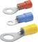 Three isolated cable lugs in red, blue and yellow, arranged in a stacked manner. They are used for connecting cables with screw terminals.