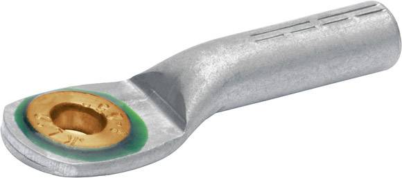 A silver cable lug with a hole for connection, surrounded by a copper-coloured ring and green marking border.