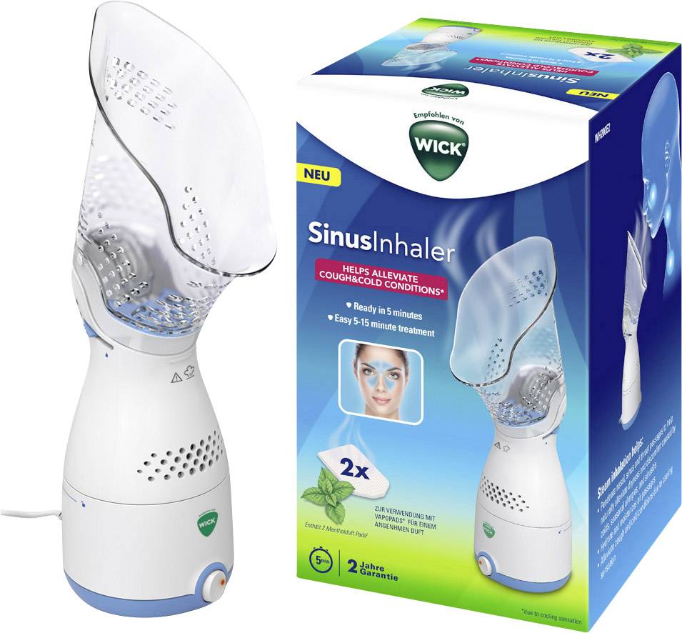 Sinus inhaler with packaging. The inhaler promises relief from common cold symptoms within 5-15 minutes. Contains 2 fragrances.