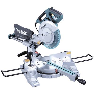 Electric mitre saw with rotating saw blade and dust bag, mounted on a stable base, suitable for precise cuts.