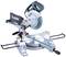 Electric mitre saw with rotating saw blade and dust bag, mounted on a stable base, suitable for precise cuts.