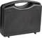 A black, closed plastic suitcase with a handle, standing upright. It has a simple, functional design.