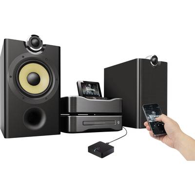 A sound system with two speakers, a central control unit, and a person controlling it with a smartphone.