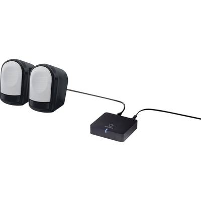 'Two black speakers are connected to a compact, rectangular audio amplifier which is powered via a cable.'