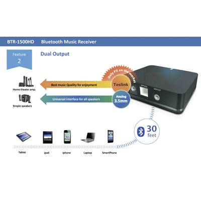'BTR-1500HD Bluetooth Music Receiver' with Dual Output: Toslink and 3.5 mm Analogue. Range 30 feet. Compatible with Tablet, Smartphone, Laptop.