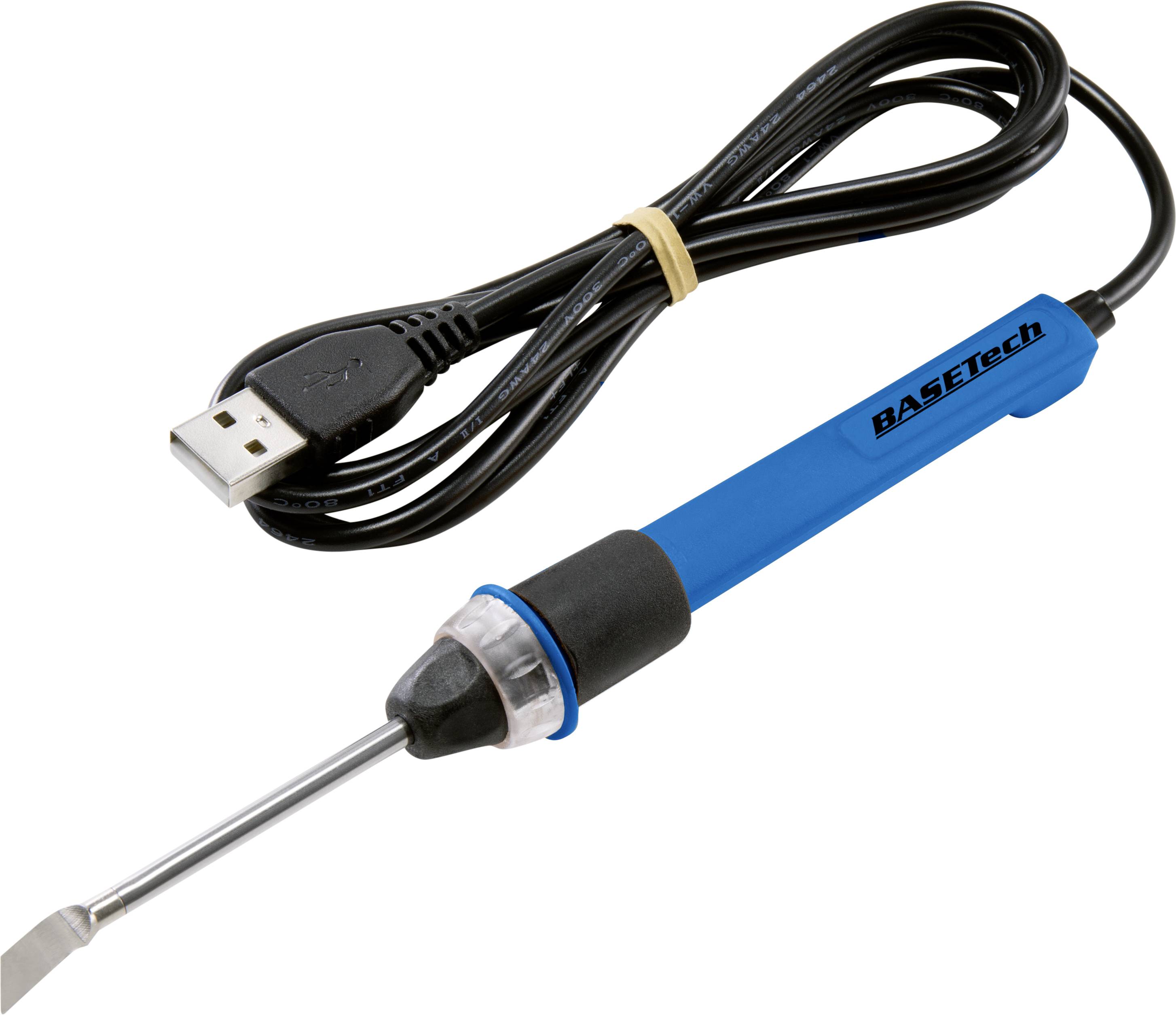 Soldering iron with USB cable, blue-black handle, suitable for small electronics projects.