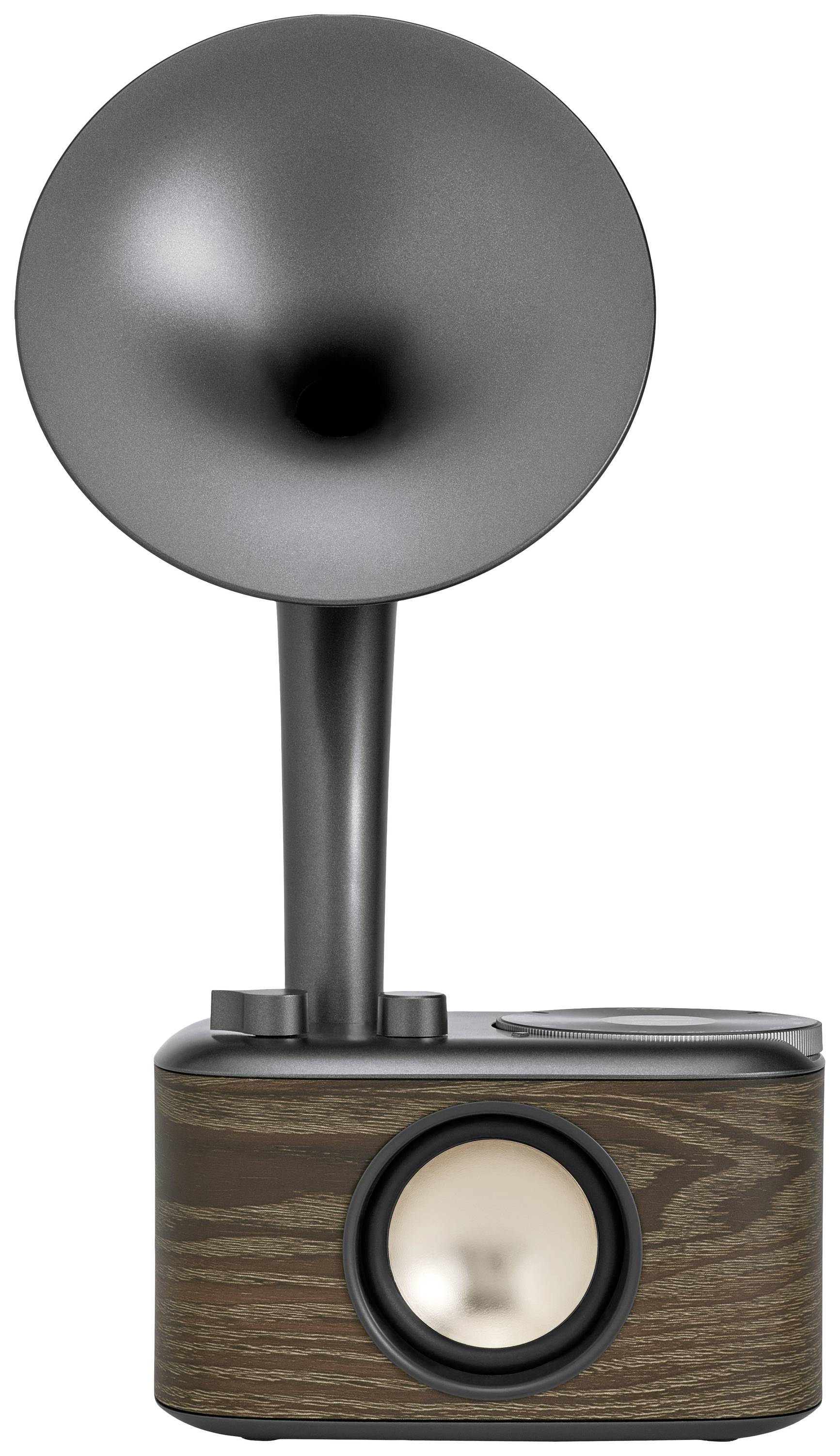 Retro wooden-effect speakers with a metallic horn and round speaker. Vintage design for stylish music playback.