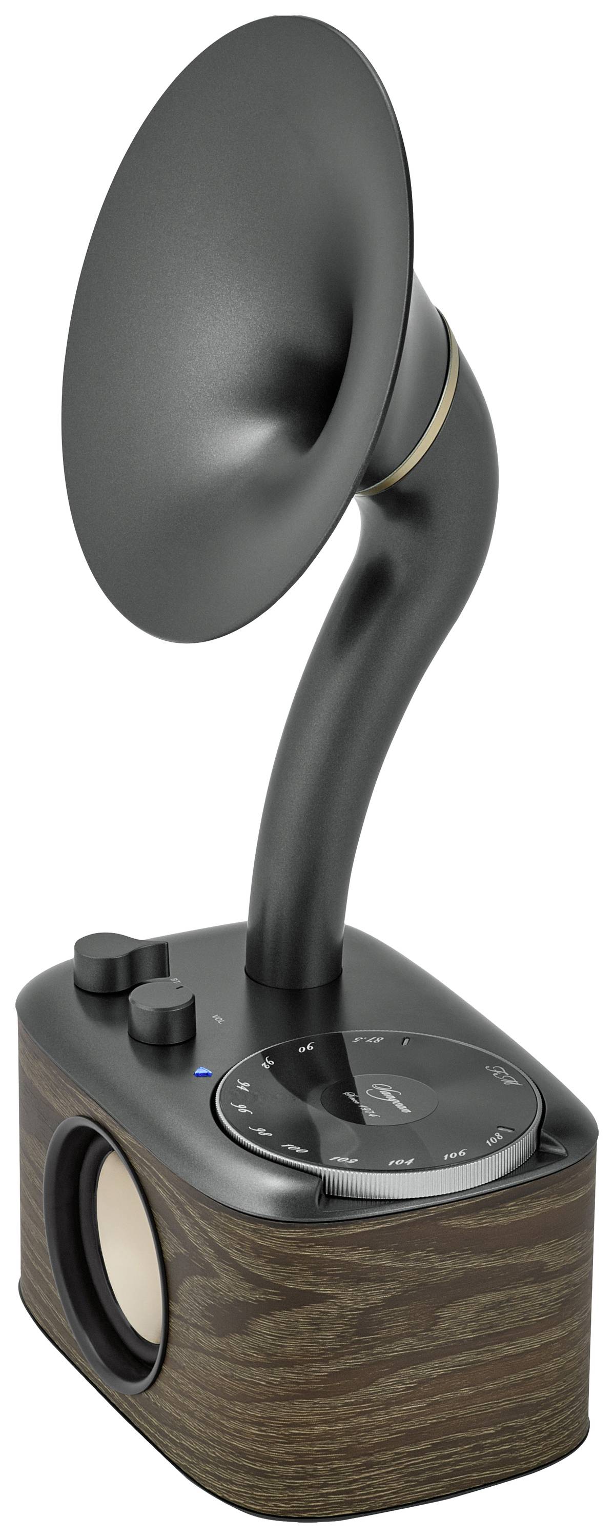 A stylish, modern gramophone with a wooden base and curved horn, combining retro design with contemporary technology.